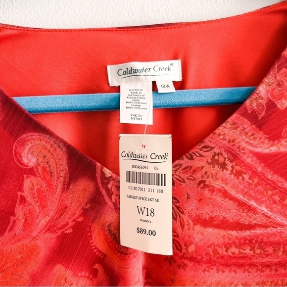 Coldwater Creek Red Orange Paisley Asymmetrical Tiered V-Neck Blouse 18W - Picture 6 of 6